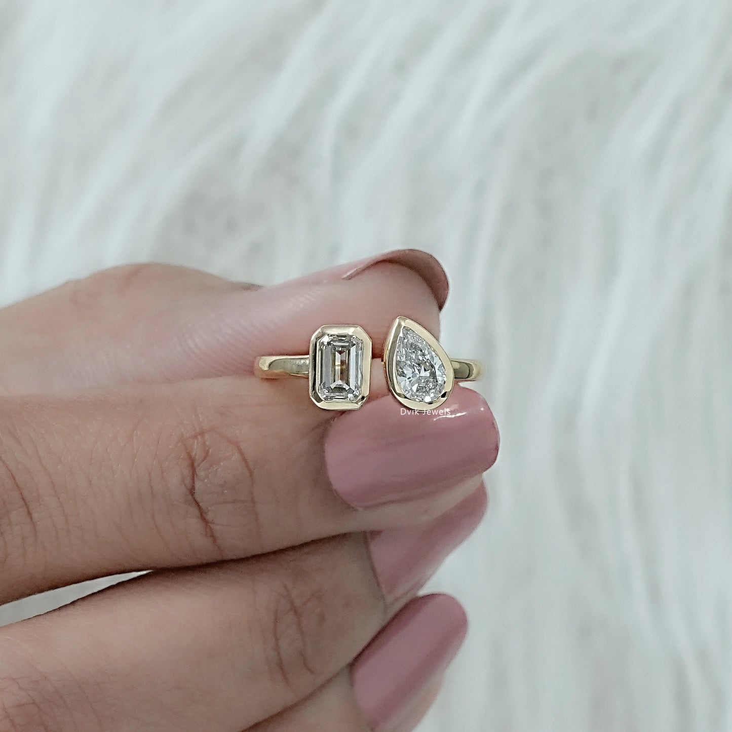 Bezel Set Emerald And Pear Cut Lab Diamond Toi Moi Ring