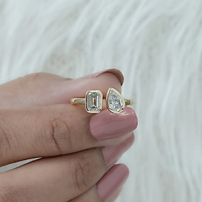 Bezel Set Emerald And Pear Cut Lab Diamond Toi Moi Ring