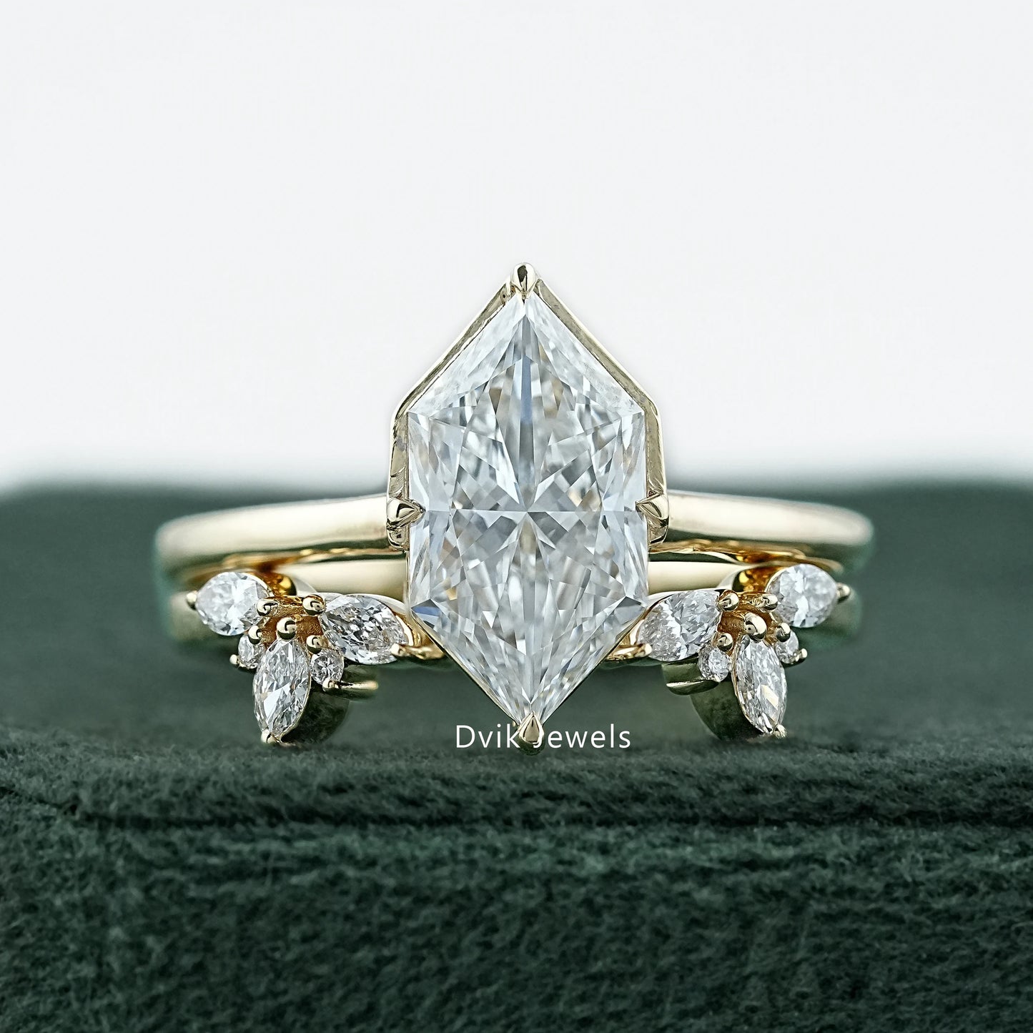 Dvik Jewels showing image Dutch Marquise Cut Lab Diamond Bridal Set Ring with leaf accents