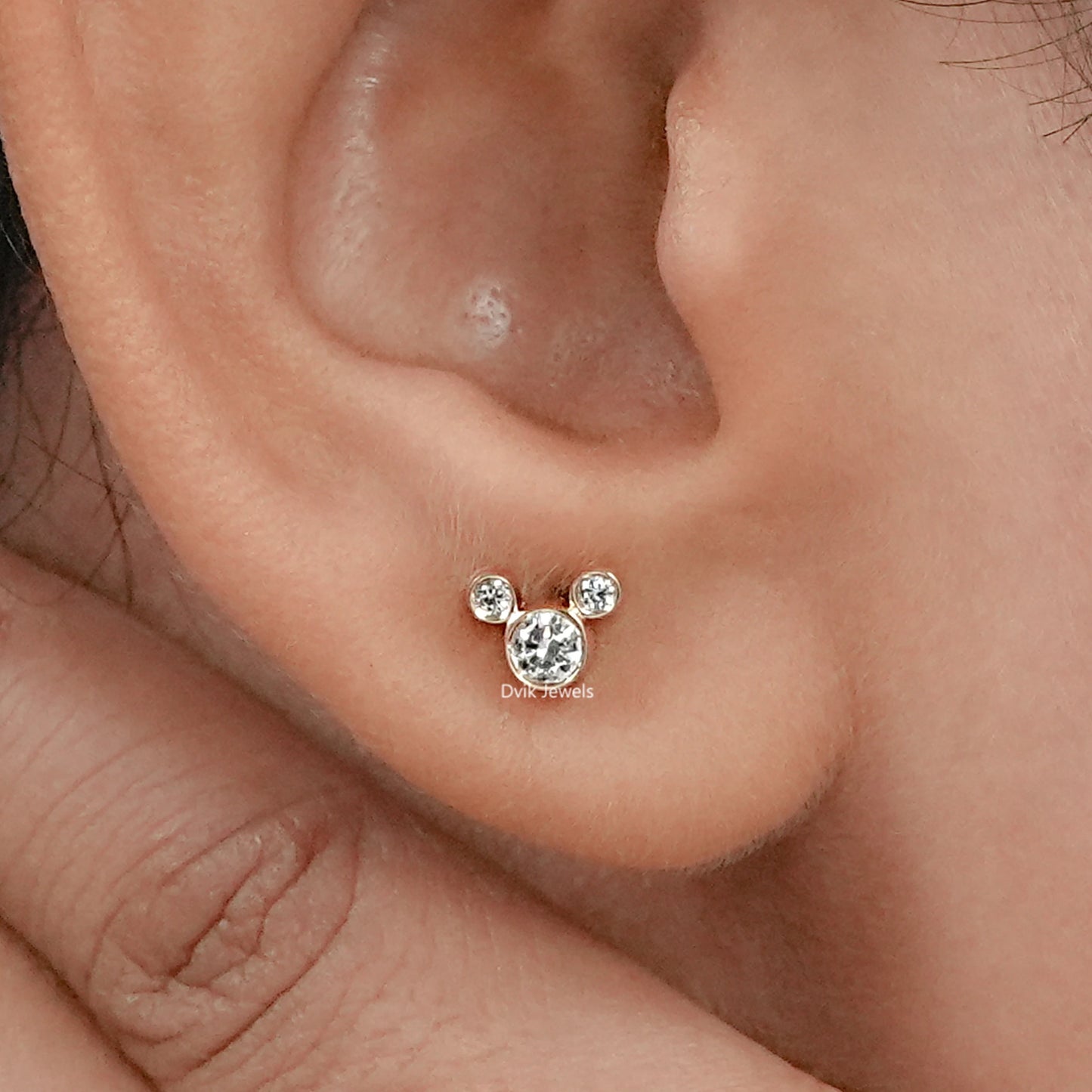 Round Diamond Bezel Set Mickey Mouse Dainty Stud