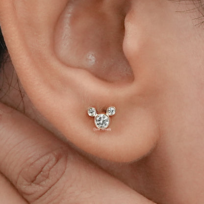 Round Diamond Bezel Set Mickey Mouse Dainty Stud