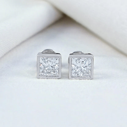 Bezel Set Princess Cut Lab Diamond Stud Earrings
