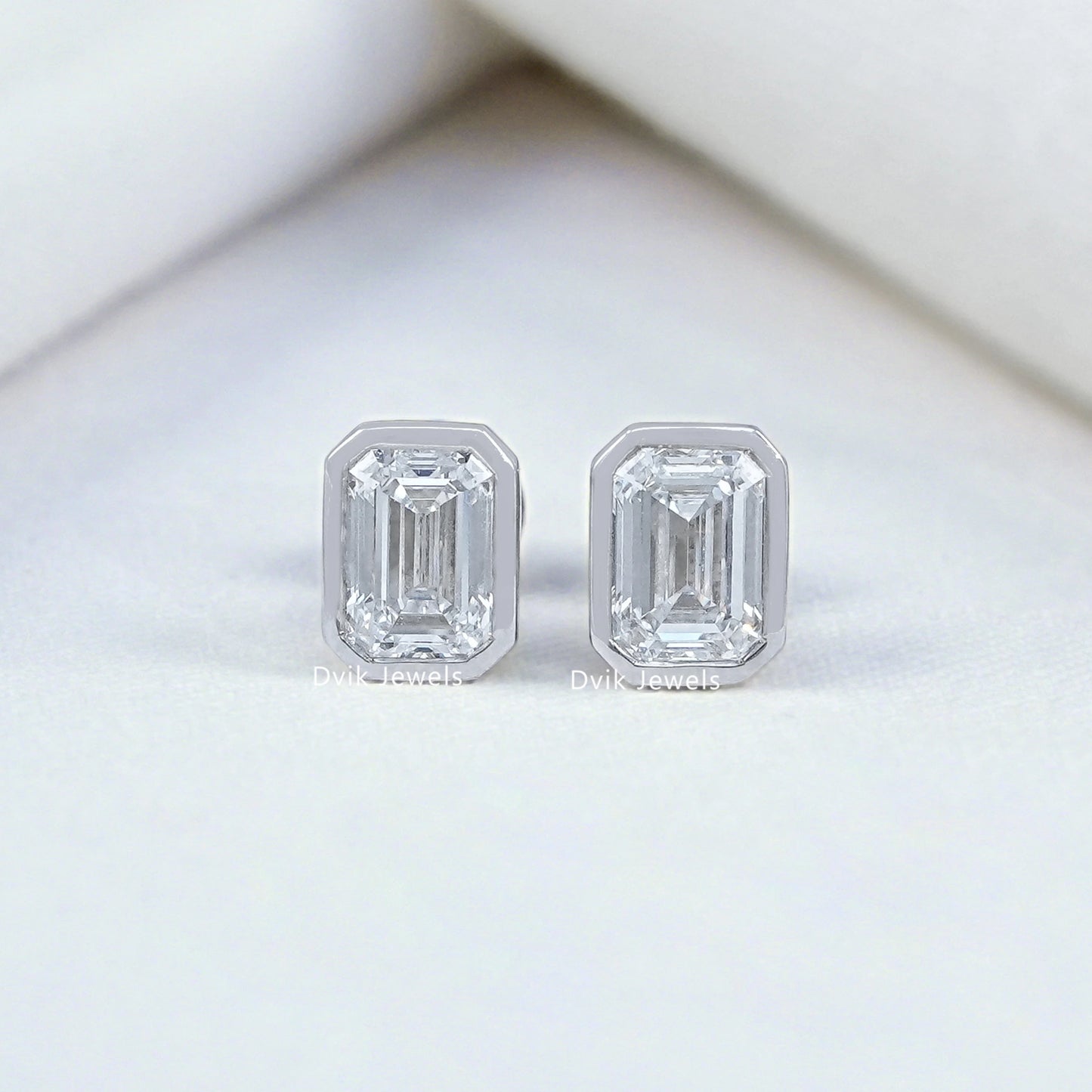Emerald Cut Lab Diamond Bezel Set Stud Earrings