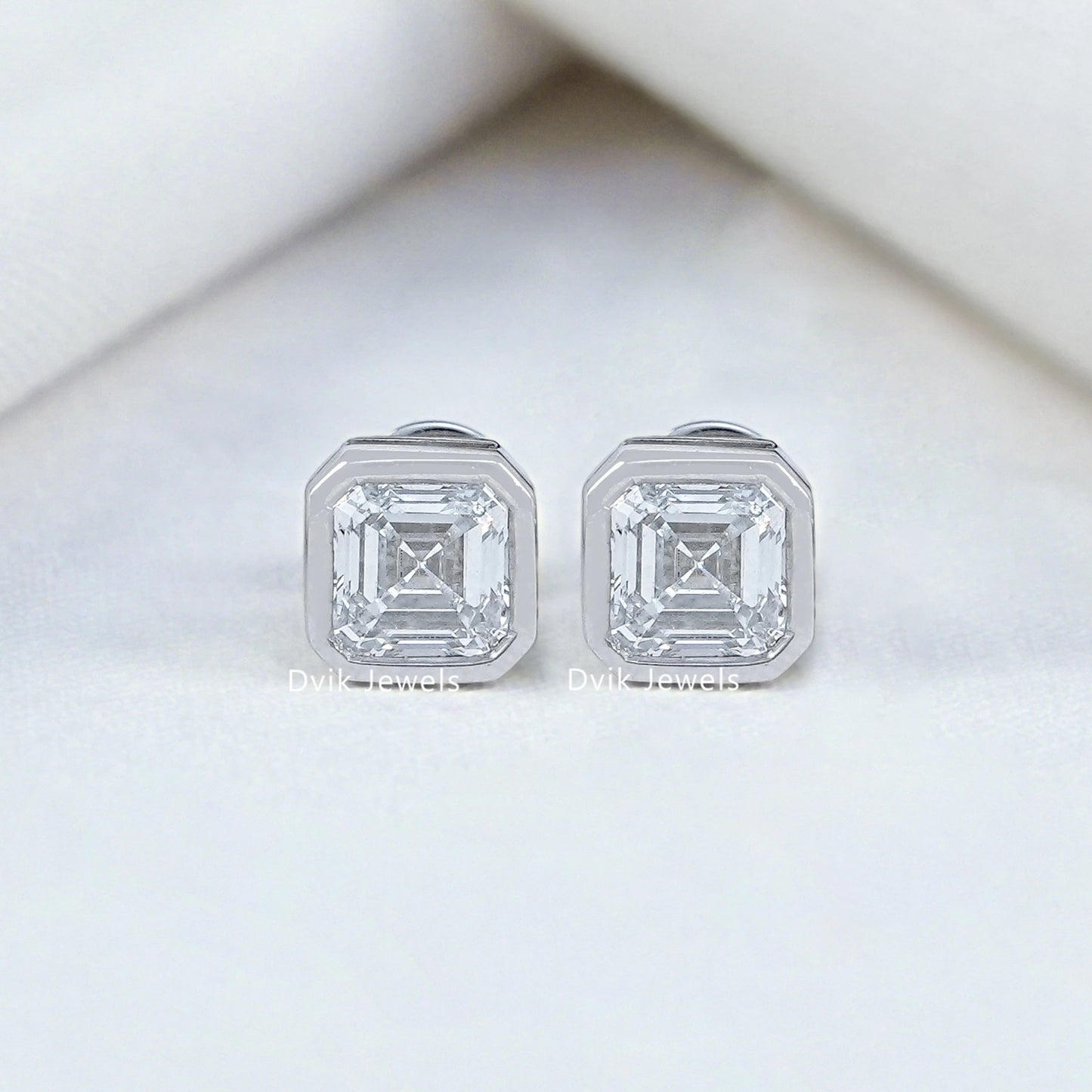 Bezel Set Asscher Cut Lab Diamond Stud Earrings