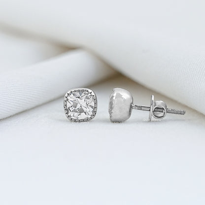 Milgrain Square Old Mine Cushion Cut Stud Earrings