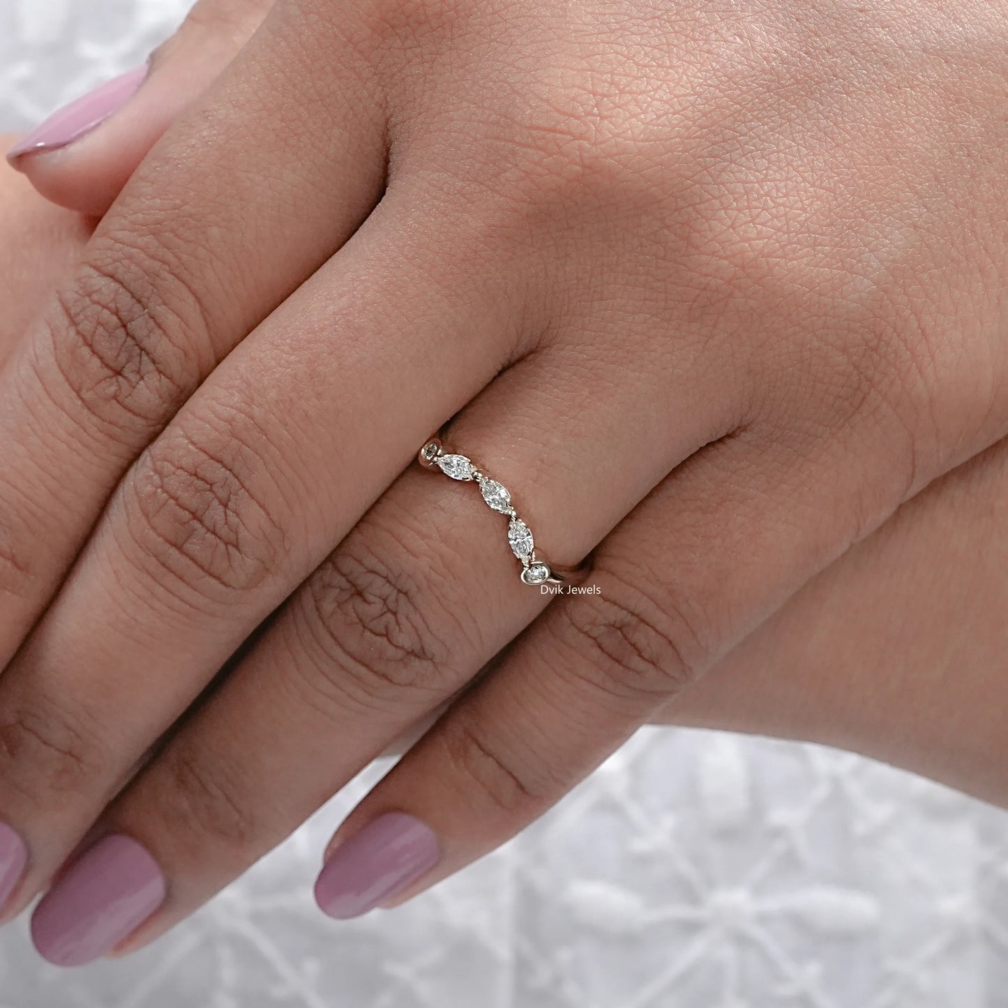 Marquise Shape Dainty Curved Wedding Band