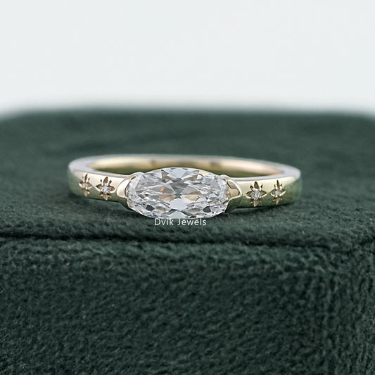 East West Set Old Mine Moval Cut Lab Diamond Solitaire Accent Ring