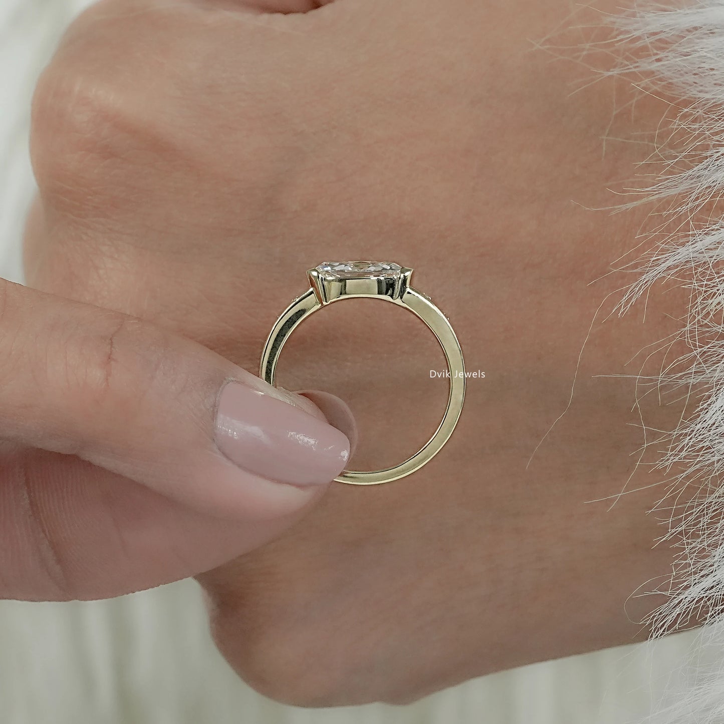 East West Set Old Mine Moval Cut Lab Diamond Solitaire Accent Ring