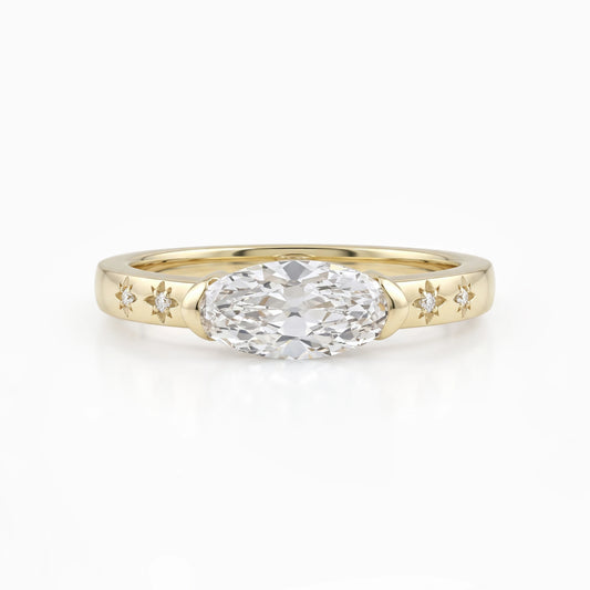 East West Set Old Mine Moval Cut Lab Diamond Solitaire Accent Ring Ring