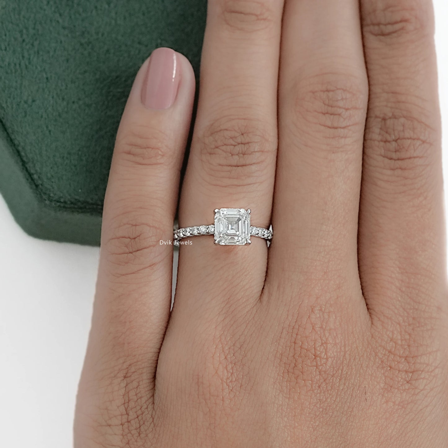 Asscher Cut Lab Diamond Accent Ring with Pave Band