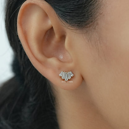 Baguette Cut Lab Diamond Fan Cluster Stud Earrings