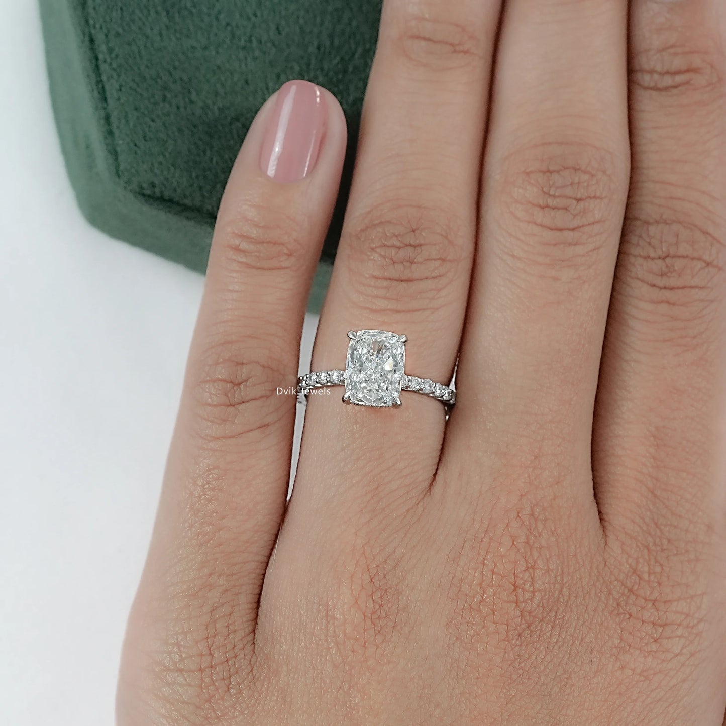 Cushion Cut Lab Diamond Engagement Ring With Pave Band