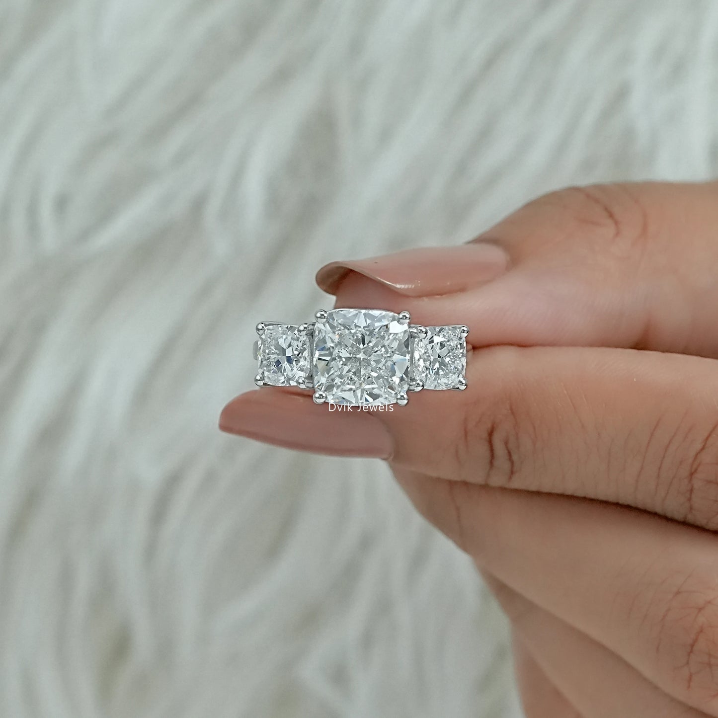 Cushion Cut Lab Diamond Three Stone Engagement Ring