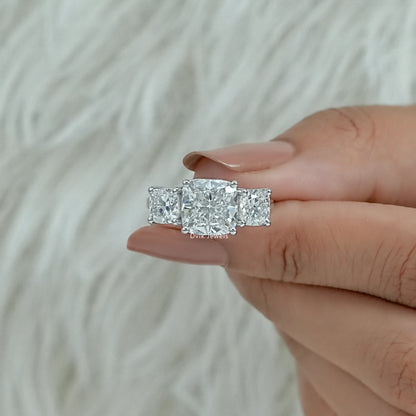 Cushion Cut Lab Diamond Three Stone Engagement Ring