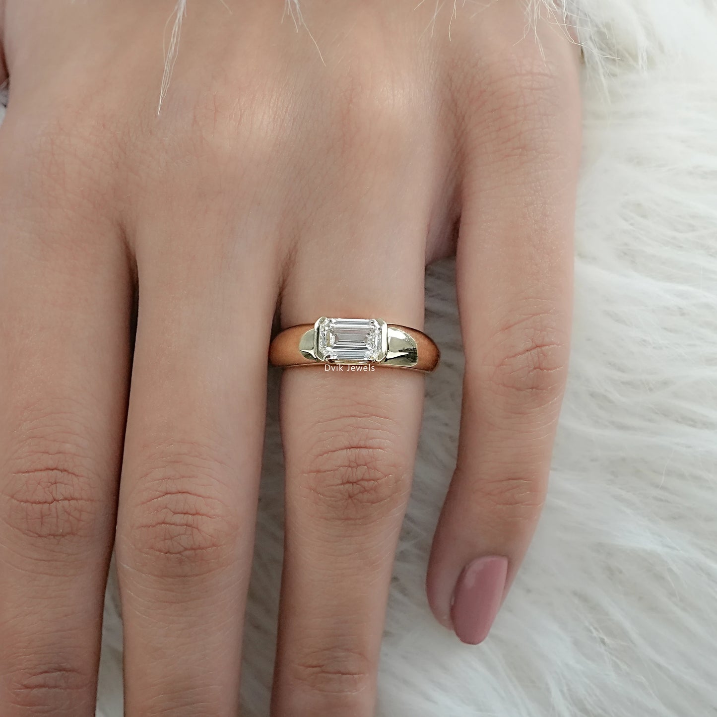 Lab Grown Diamond Solitaire Ring with Emerald Cut wide band on model hand, best for engagement or bridal