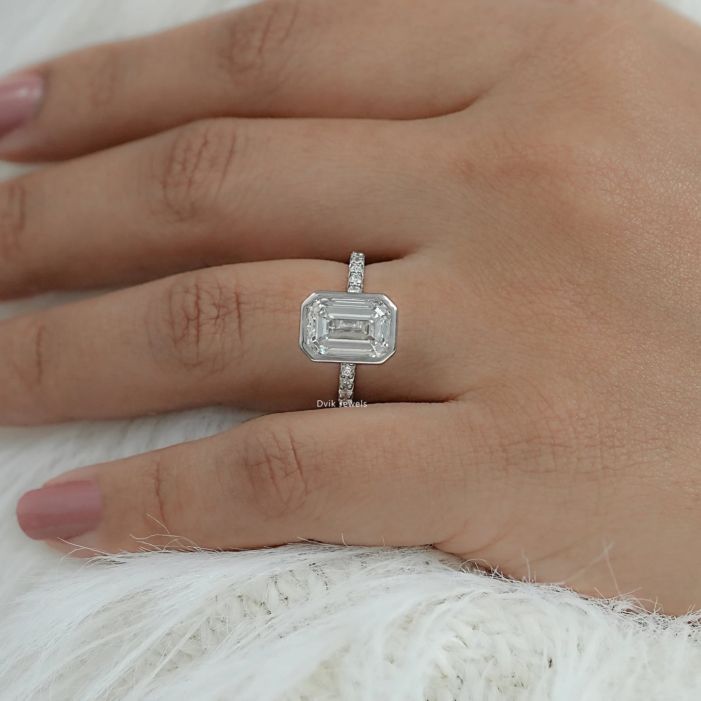 Bezel Set Emerald Cut Lab Diamond Solitaire Accent Ring