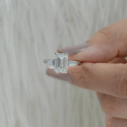 Emerald Cut Lab Diamond Tapered Baguette Side Stone Ring