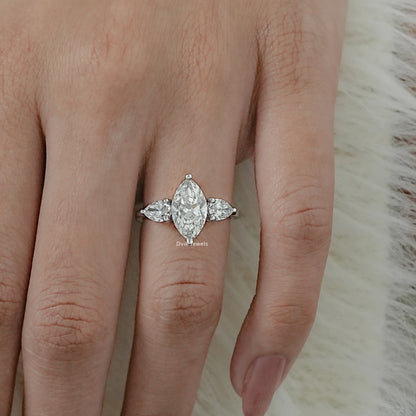 Lab Grown Diamond Marquise Cut Three Stone Engagement Ring worn on finger