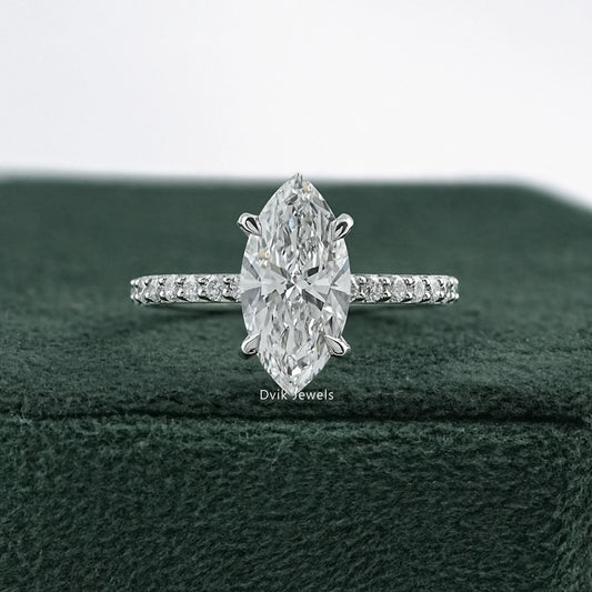 Marquise Cut Lab Diamond Engagement Ring with Pave Band