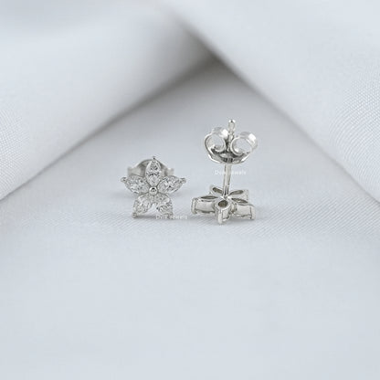 Front and side view of lab diamond marquise cut stud earrings showing butterfly back closure