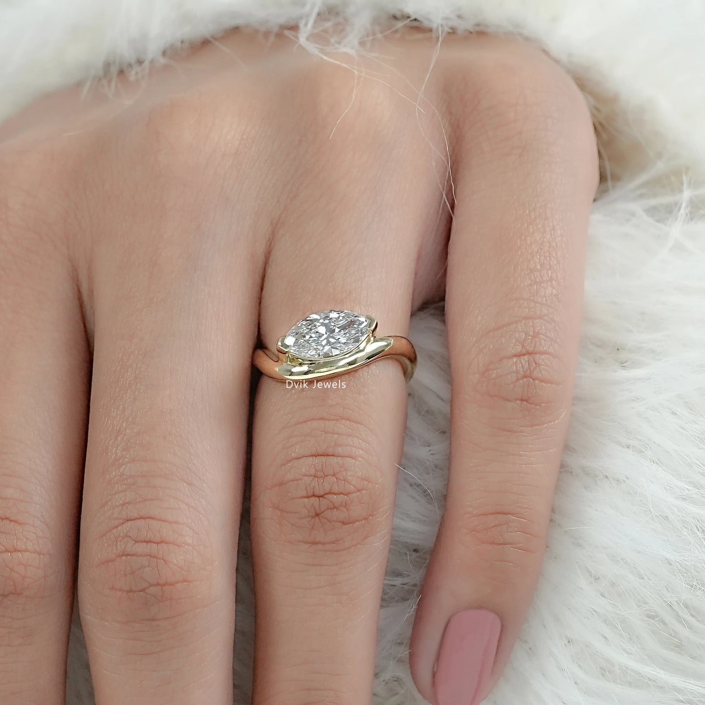 Lab Grown Diamond Curved Marquise Cut Solitaire Engagement Ring showcased on model hand