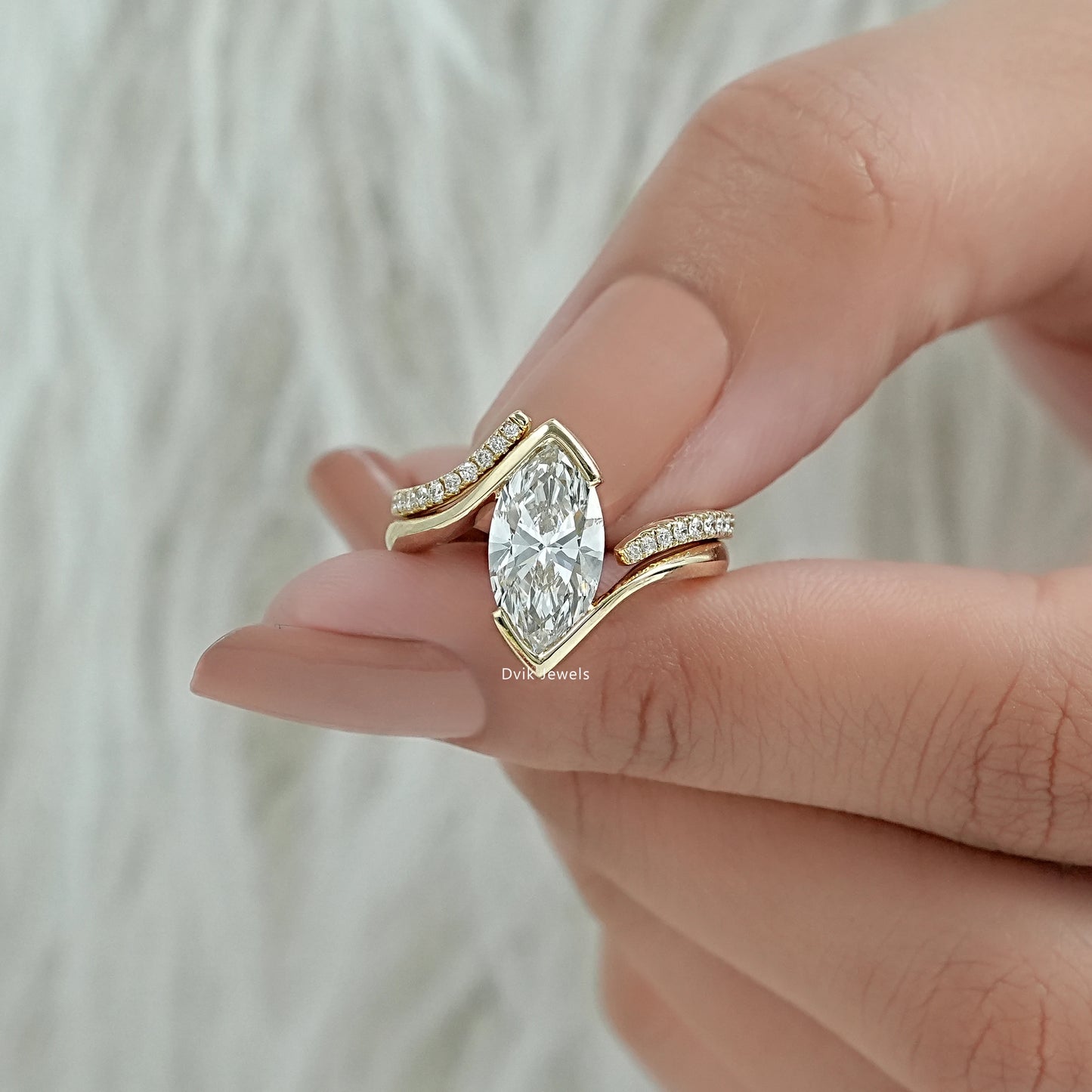 Half Bezel Marquise Cut Lab Diamond Curved Ring Set Bridal Ring Set