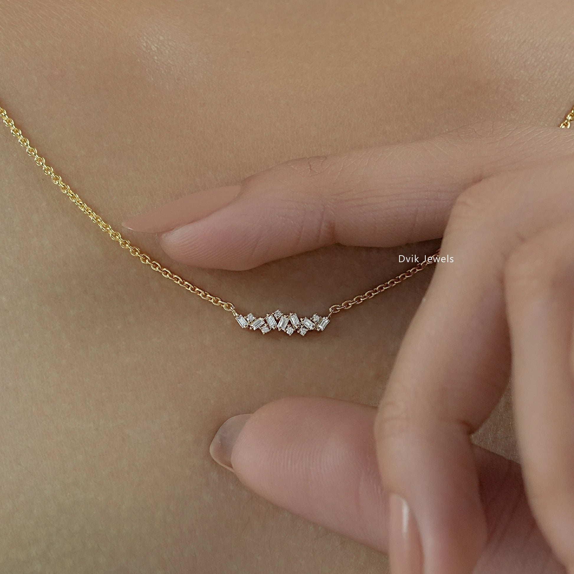 Baguette and Round Diamond Bar Necklace Pendant