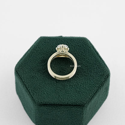 Old Mine Lab Diamond Cushion Cut Multi Band Solitaire Ring with different metal tone in  side profile on jewelry box