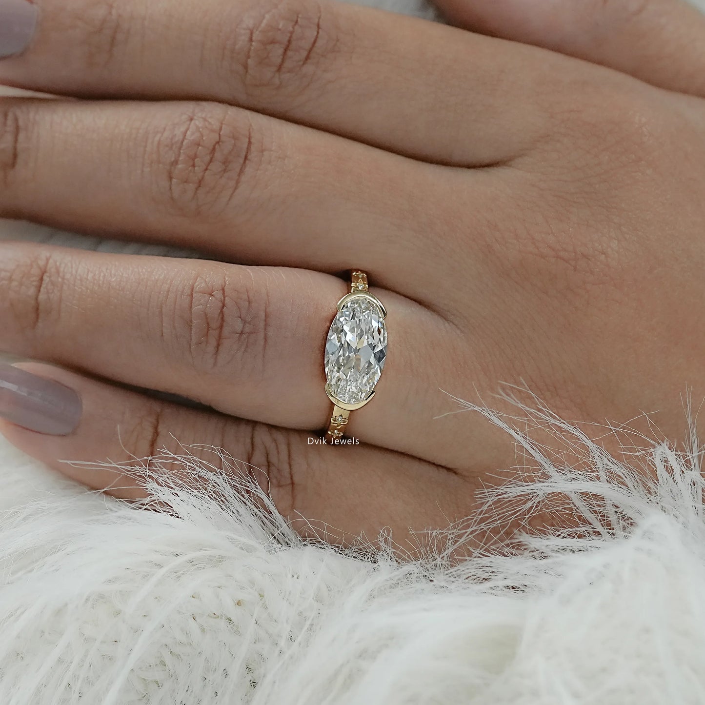 Old Mine Moval Cut Lab Diamond Solitaire Ring with Half Bezel Accent