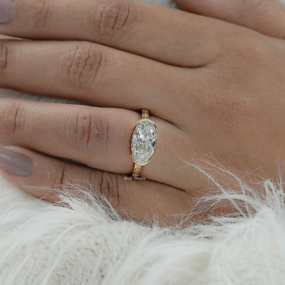 Old Mine Moval Cut Lab Diamond Solitaire Ring with Half Bezel Accent