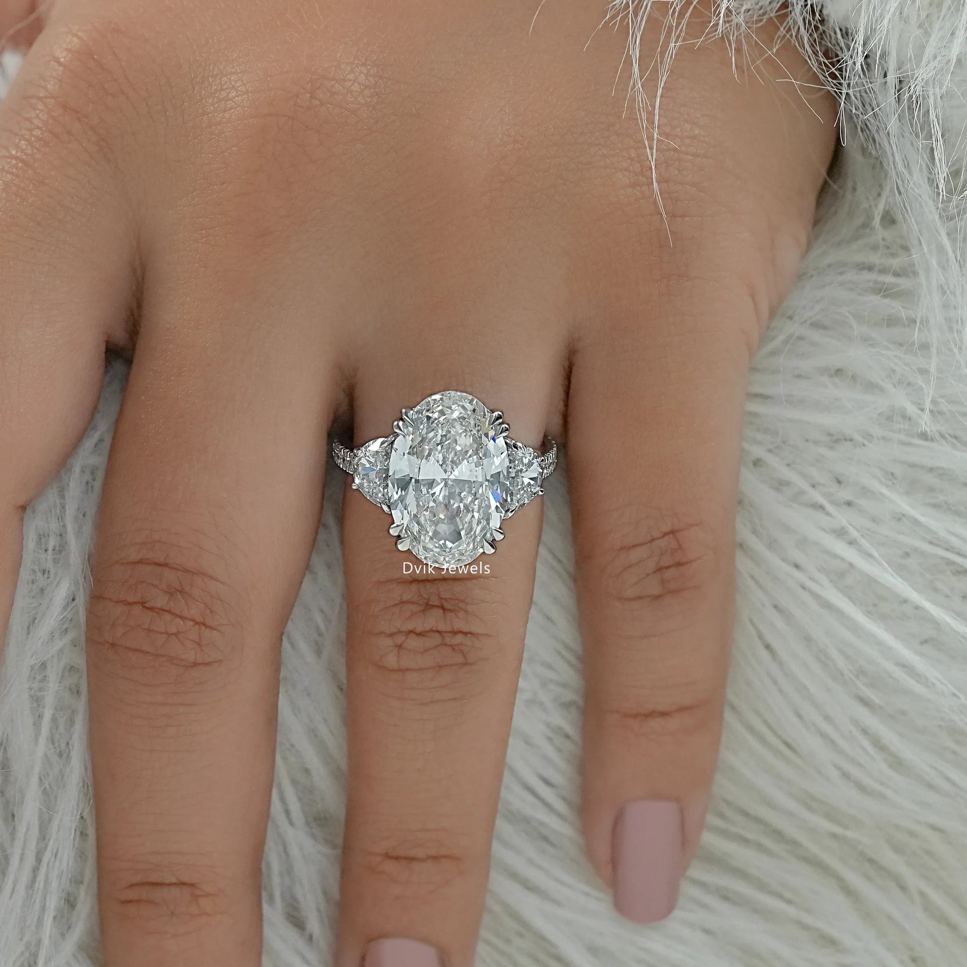 Lab created oval diamond ring trillion cut stones top view