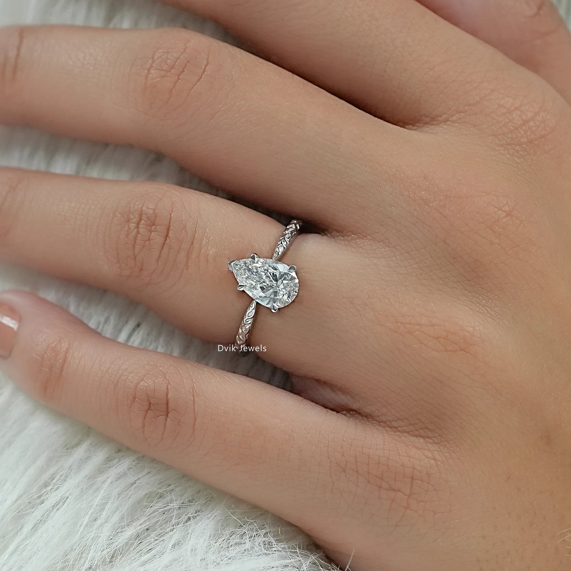 Pear Cut Lab Diamond Solitaire Ring With Engraved Band Ring