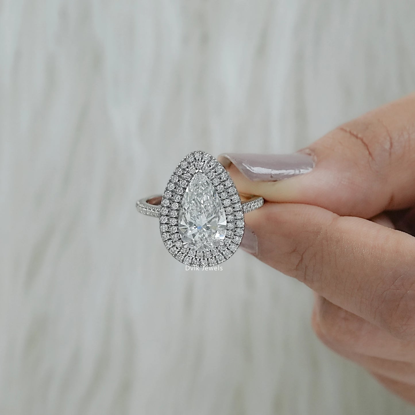 Pear Cut Lab Diamond Double Halo Engagement Ring