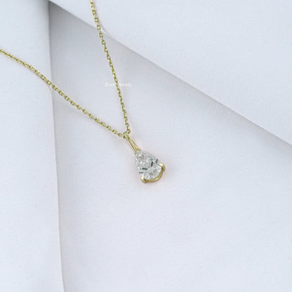 Angled view of pear diamond solitaire necklace with EF_VS clarity of lab grown diamond