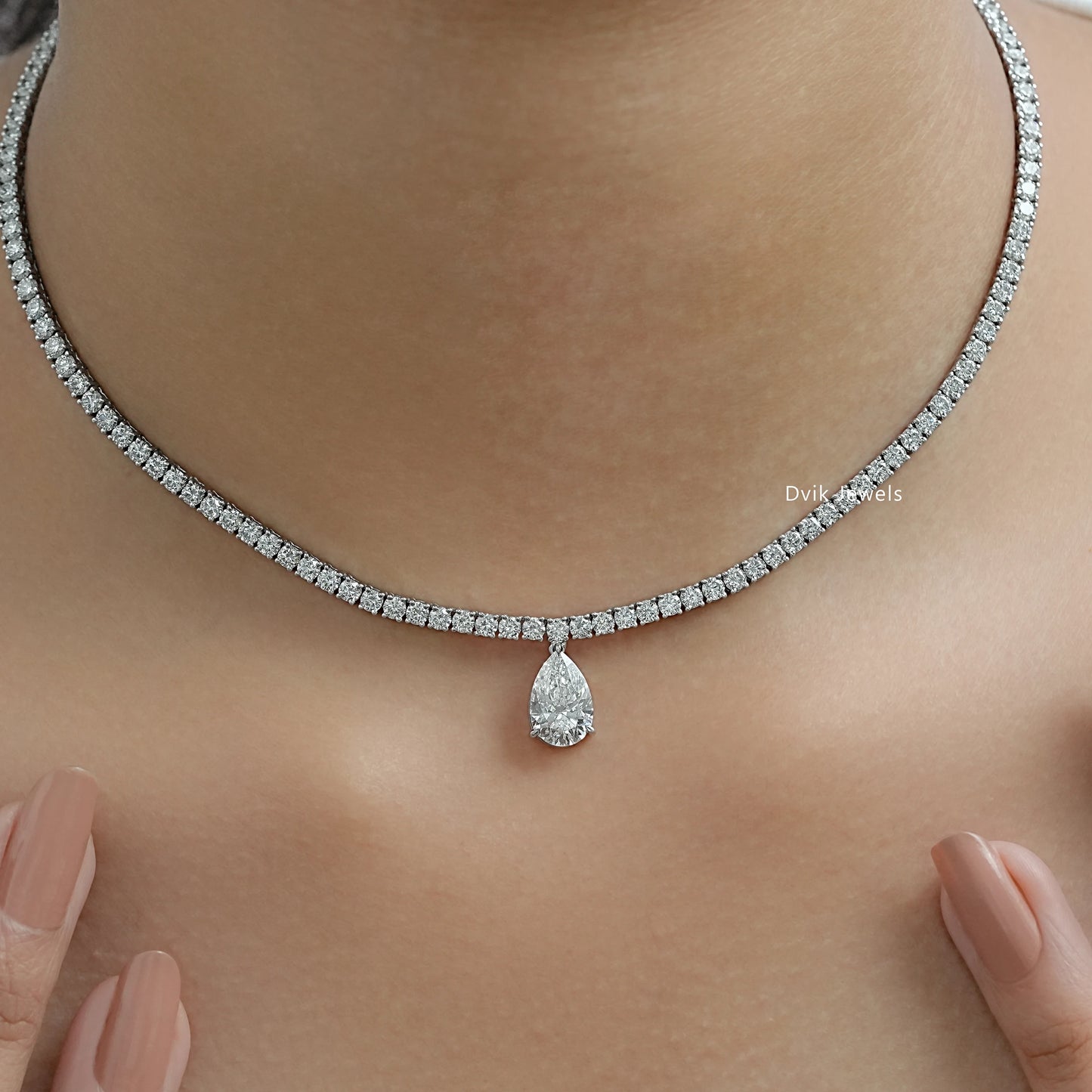 Pear and Round Cut Lab Diamond Tennis Necklace Necklace