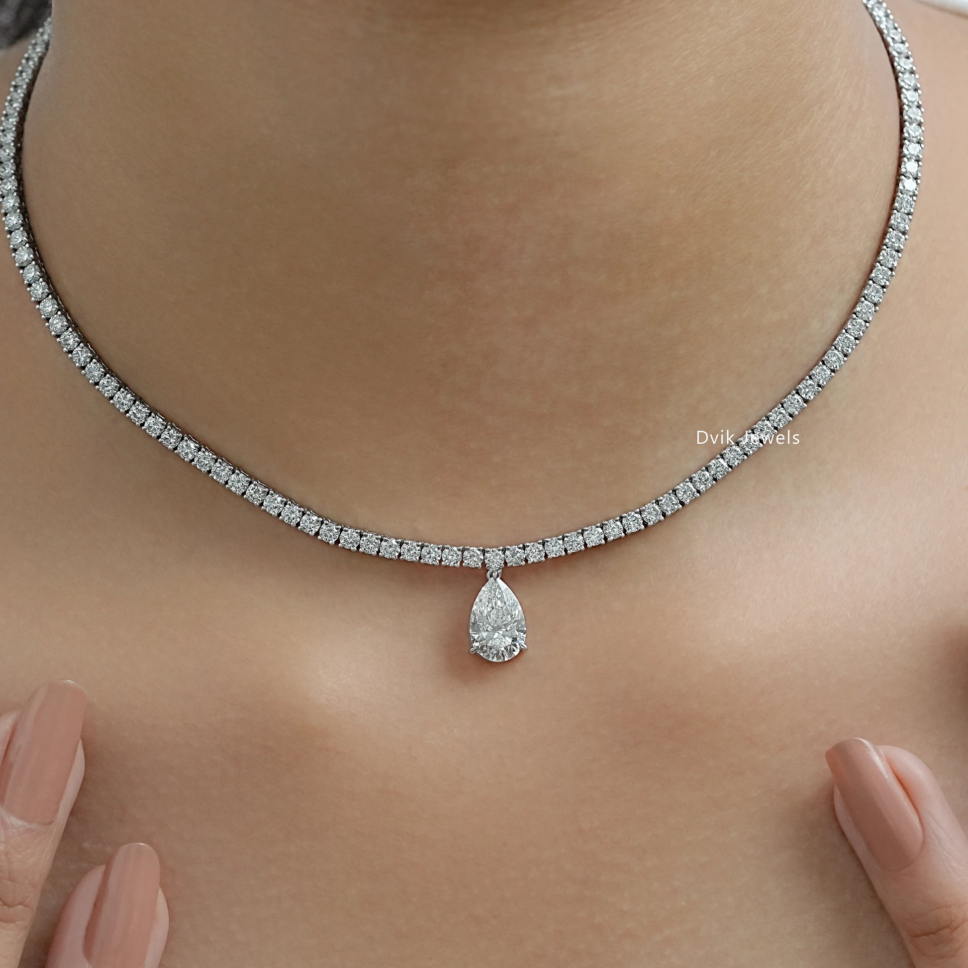 Pear and Round Cut Lab Diamond Tennis Necklace Necklace