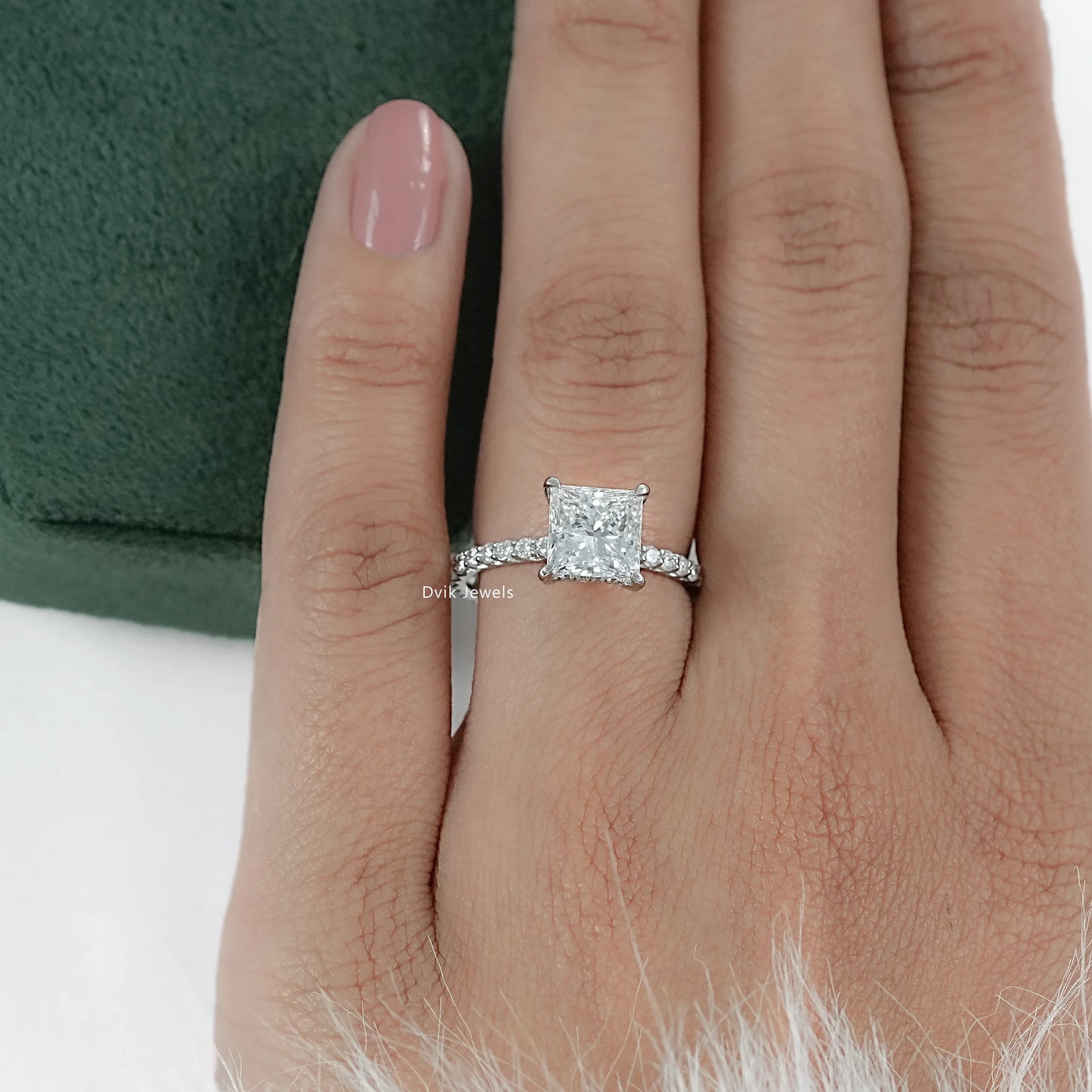 Princess Cut Lab Diamond Pave Set Solitaire Accent Ring