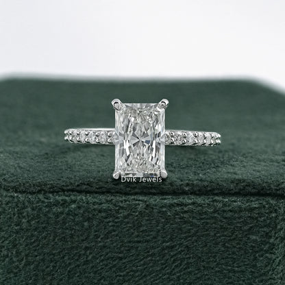 Radiant Cut Lab Diamond Hidden Halo Solitaire Accent Ring