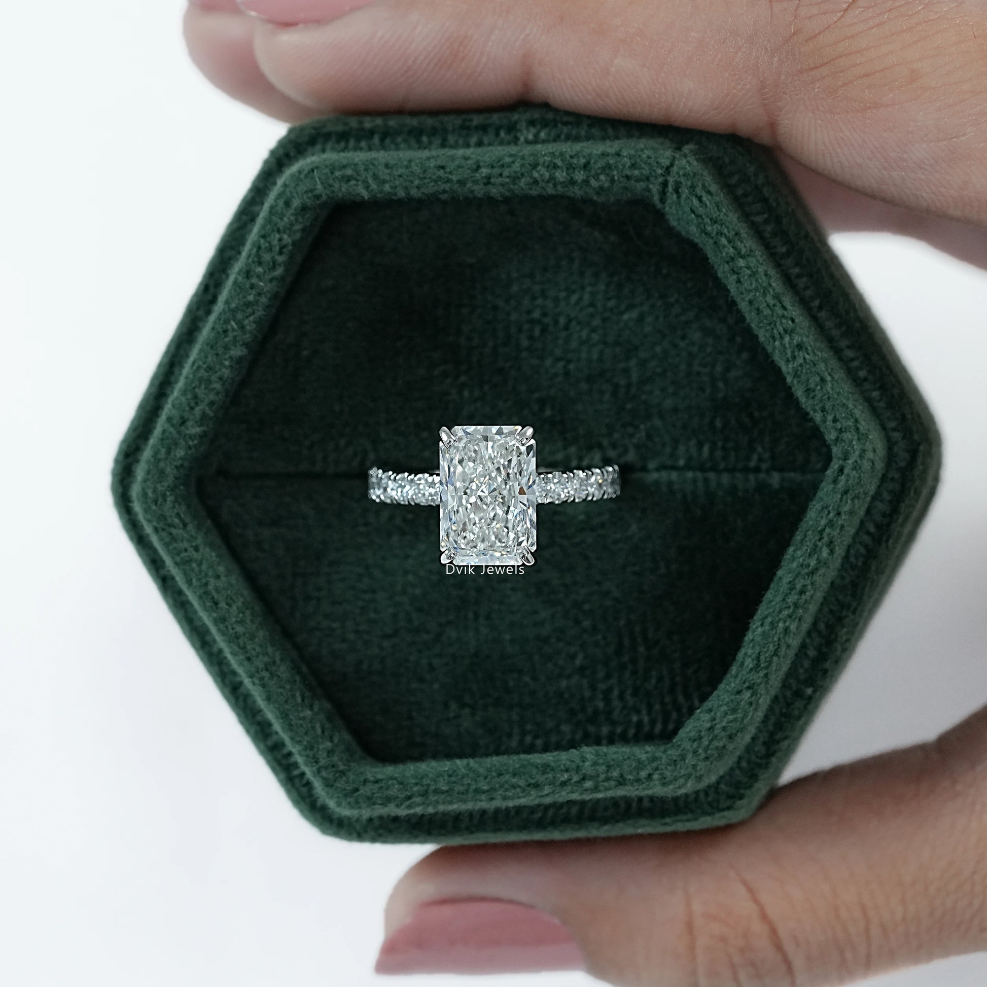Lab Grown Diamond Radiant Cut Pave Engagement Ring displayed in jewelry box for front view