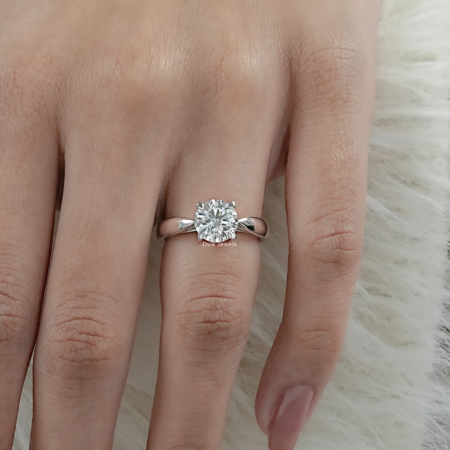 Round Cut Lab Diamond Solitaire Engagement Ring worn on women finger