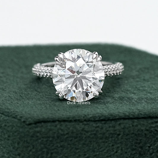 Round Cut Hidden Halo Engagement Ring with Pave Band