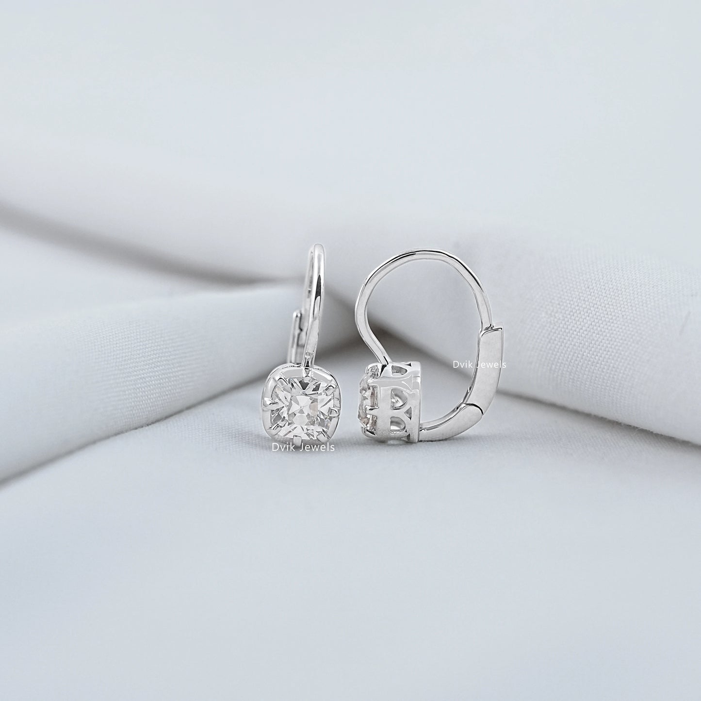 Old Mine Cut Square Cushion Diamond Leverback Earrings