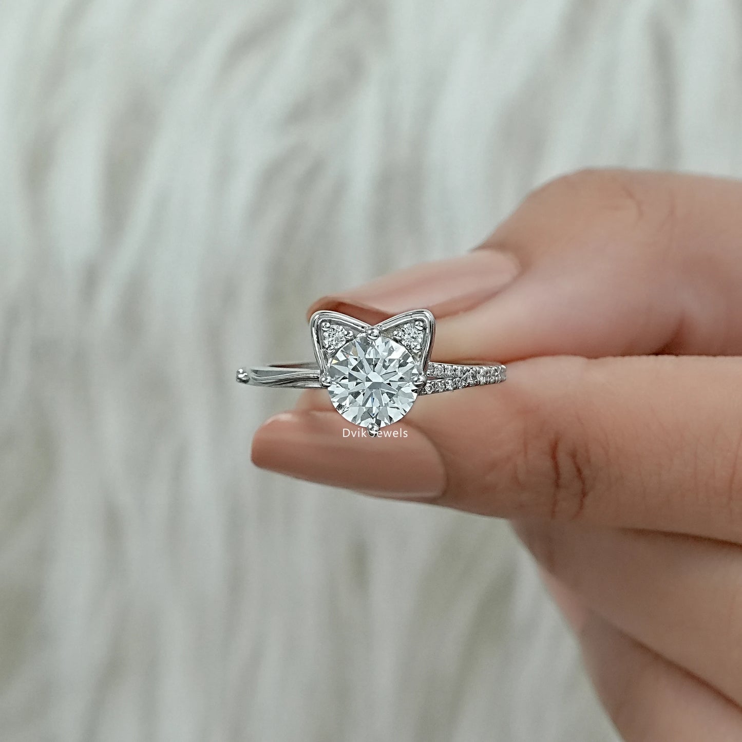 Round Cut Lab Diamond Cat Ear Accent Pave Ring