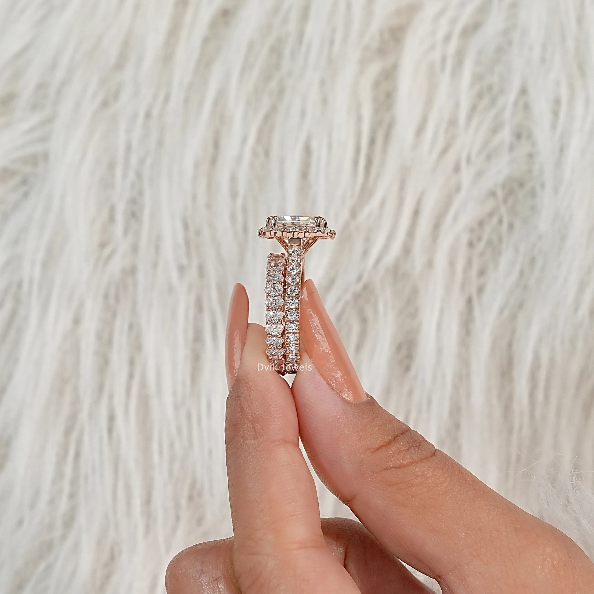 Radiant Cut Lab Diamond Halo Bridal Ring Set with Double Band Bridal Ring Set
