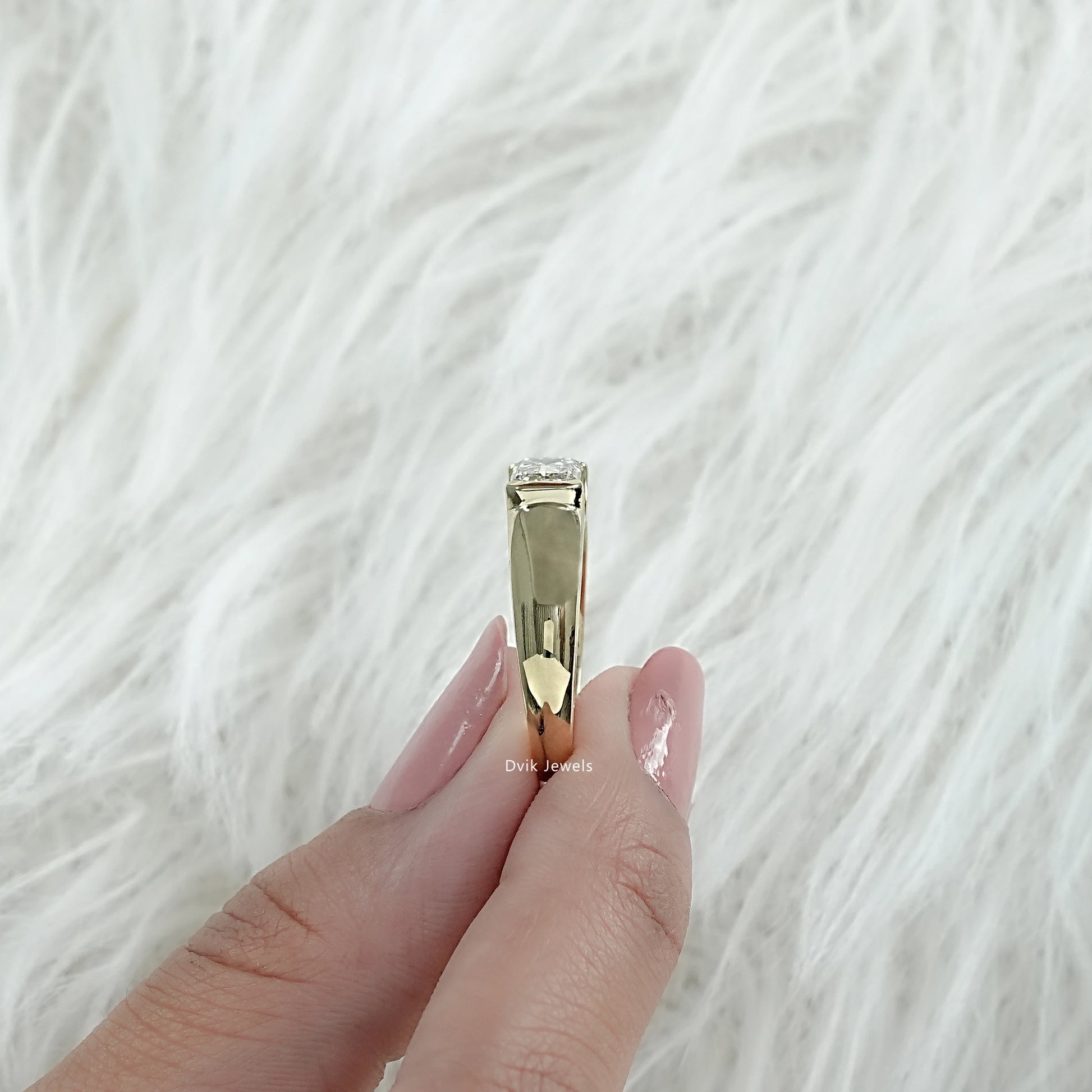 Side view of Emerald Cut Solitaire Ring with Lab Diamond shown by woman, perfect for engagement gift