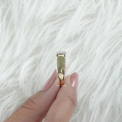 Side view of Emerald Cut Solitaire Ring with Lab Diamond shown by woman, perfect for engagement gift