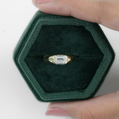 Front view of Emerald Cut Solitaire Wide Band Ring with Lab Diamond displayed in jewelry box