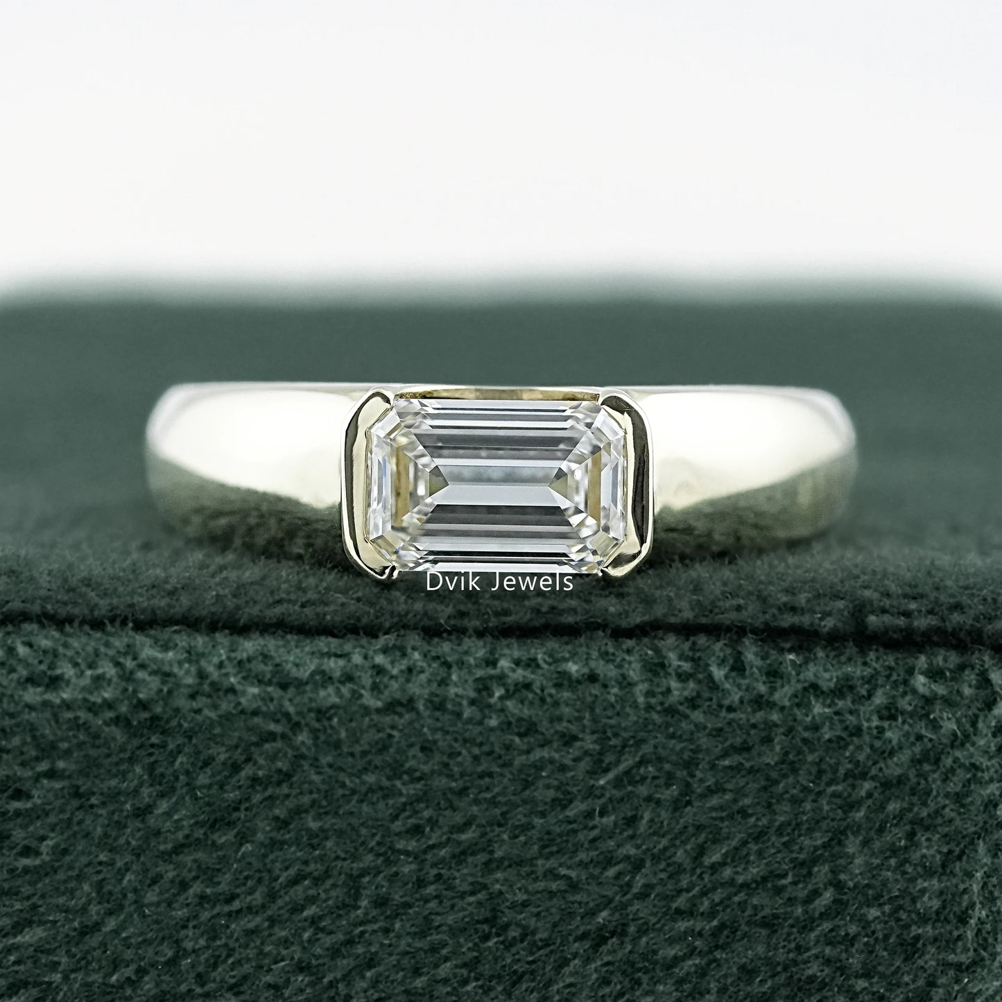 Emerald Cut Lab Diamond Solitaire Ring with Wide Band by Dvik Jewels, perfect for gitting