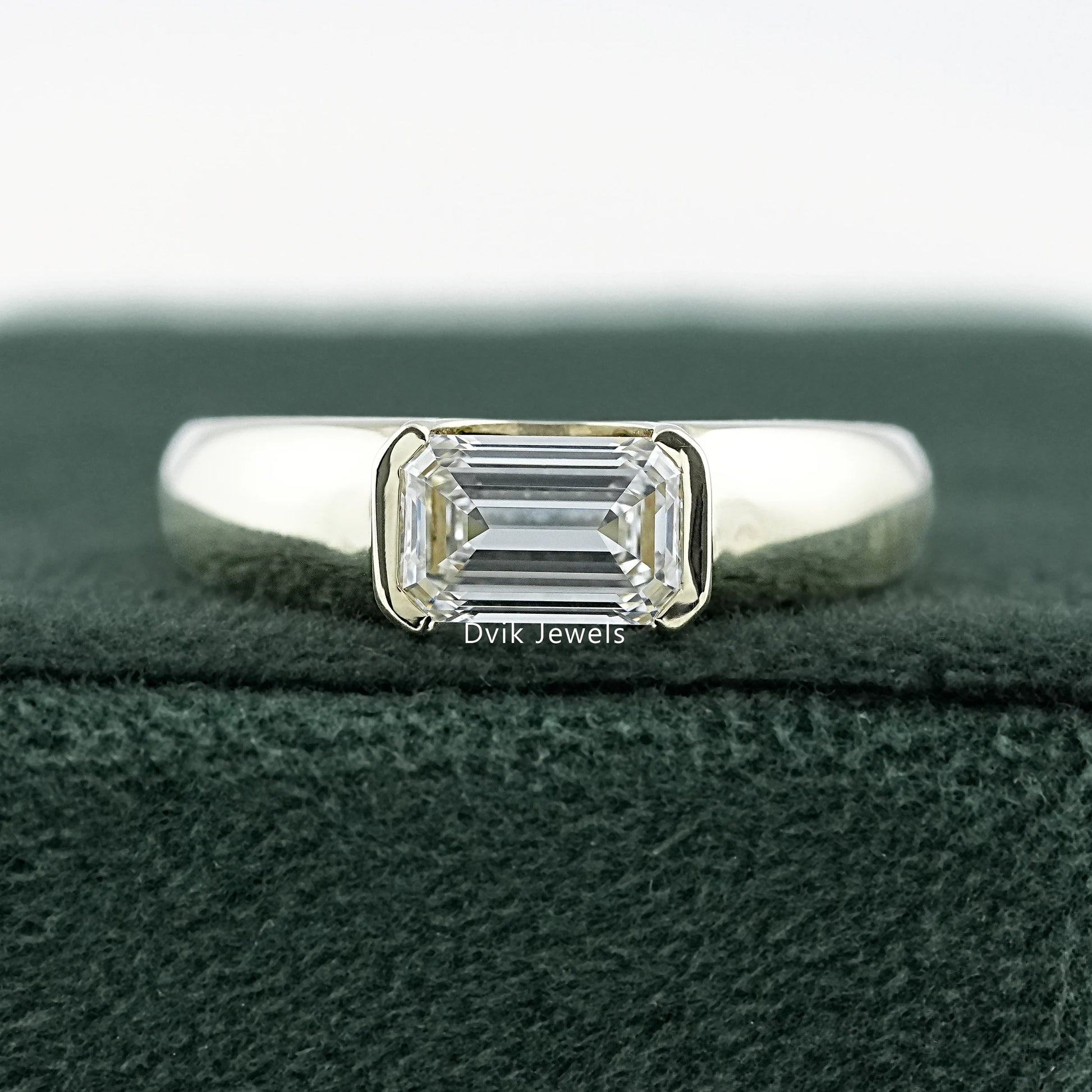 Emerald Cut Lab Diamond Solitaire Ring with Wide Band by Dvik Jewels, perfect for gitting