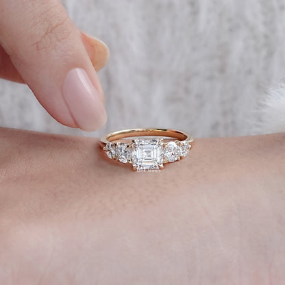 Square Emerald & Round Cut Lab Diamond Five Stone Ring